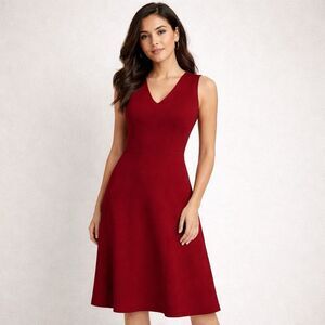 Bloomingdale’s Wool Red Sleeveless V-Neck Dress Romantic Luxury Classic Small